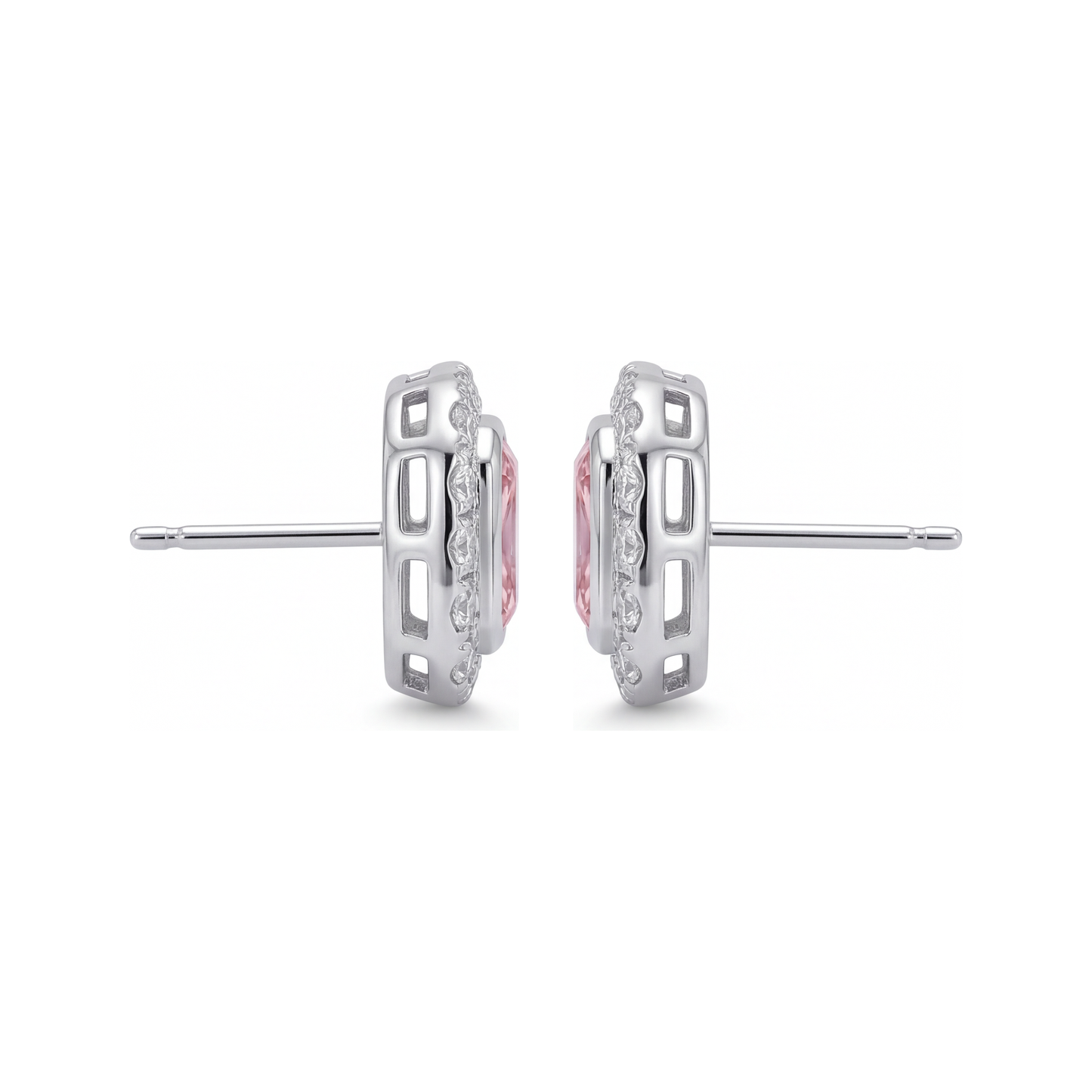 2 Carat Radiant Pink Lab Grown Diamond and White Diamond Halo Earrings 14K White Gold
