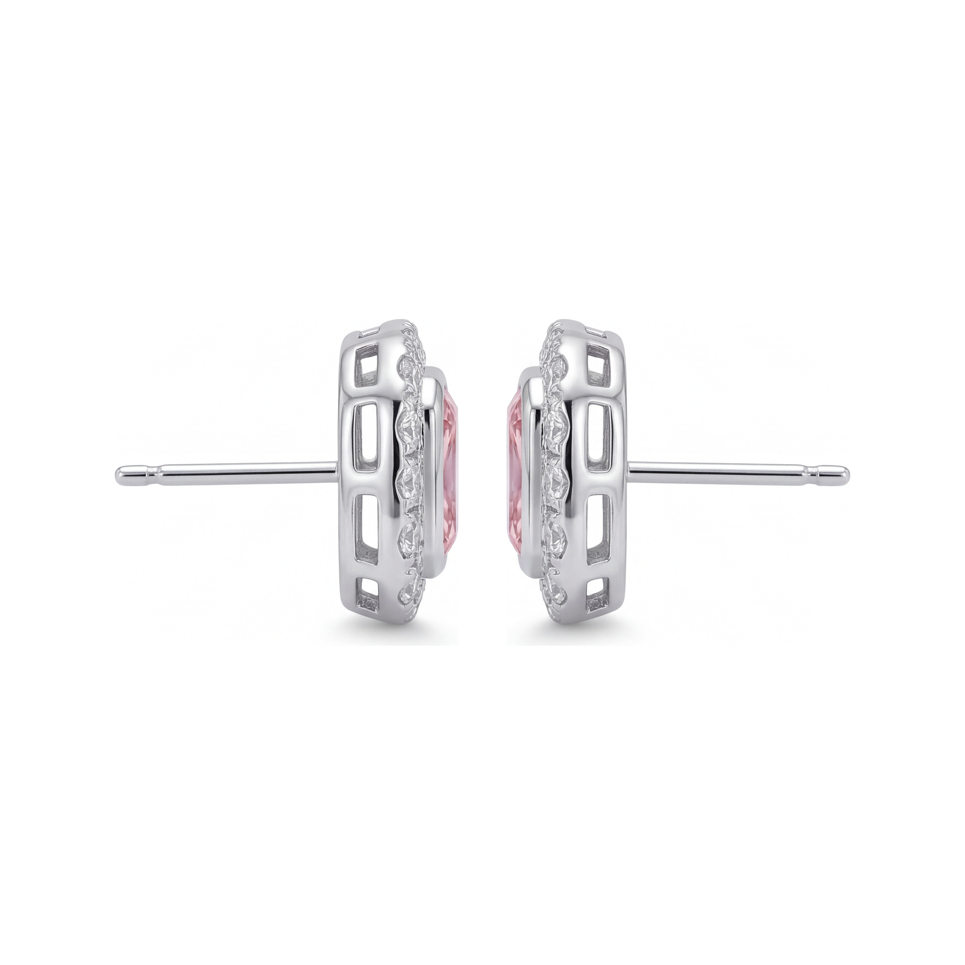 2 Carat Radiant Pink Lab Grown Diamond and White Diamond Halo Earrings 14K White Gold