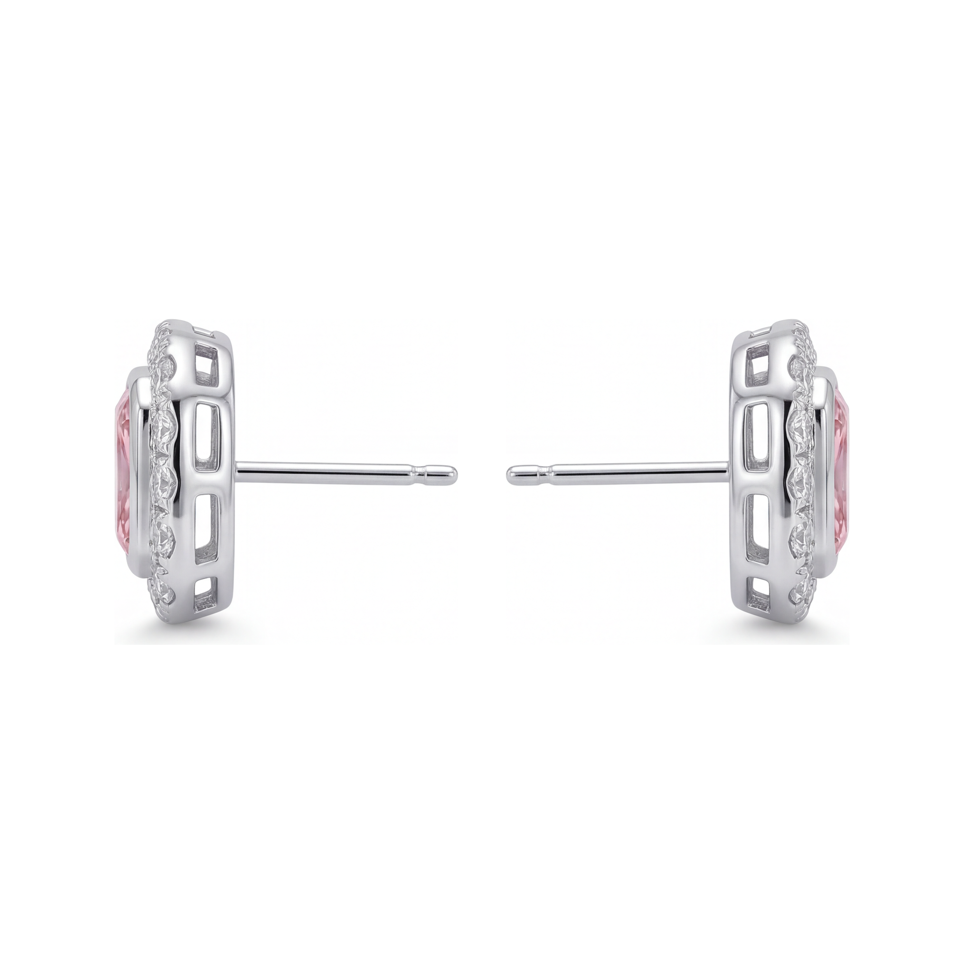 2 Carat Radiant Pink Lab Grown Diamond and White Diamond Halo Earrings 14K White Gold