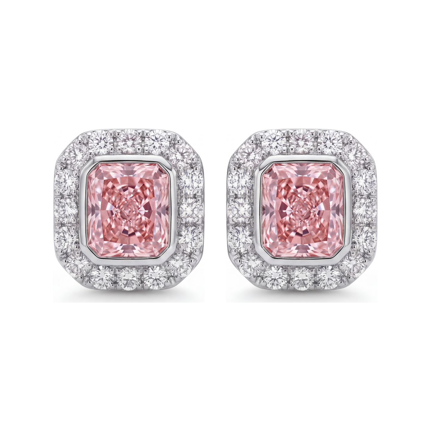 2 Carat Radiant Pink Lab Grown Diamond and White Diamond Halo Earrings 14K White Gold
