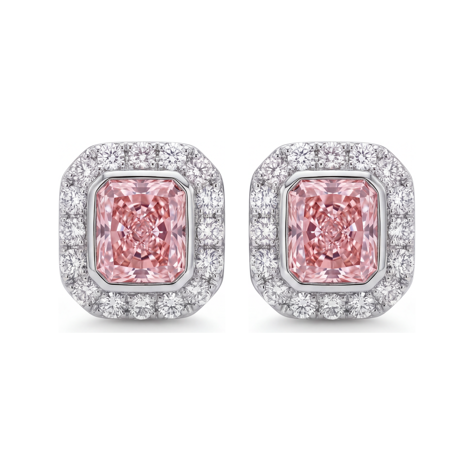 2 Carat Radiant Pink Lab Grown Diamond and White Diamond Halo Earrings 14K White Gold