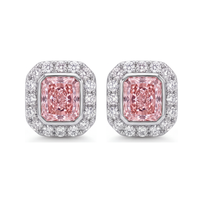 2 Carat Radiant Pink Lab Grown Diamond and White Diamond Halo Earrings 14K White Gold