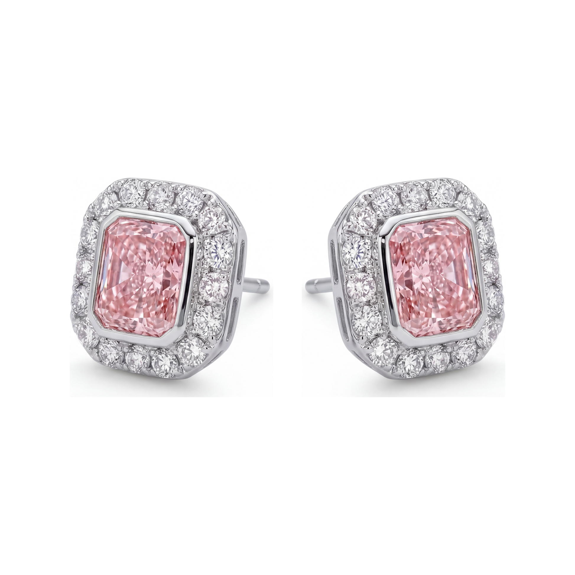 2 Carat Radiant Pink Lab Grown Diamond and White Diamond Halo Earrings 14K White Gold