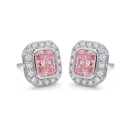 2 Carat Radiant Pink Lab Grown Diamond and White Diamond Halo Earrings 14K White Gold