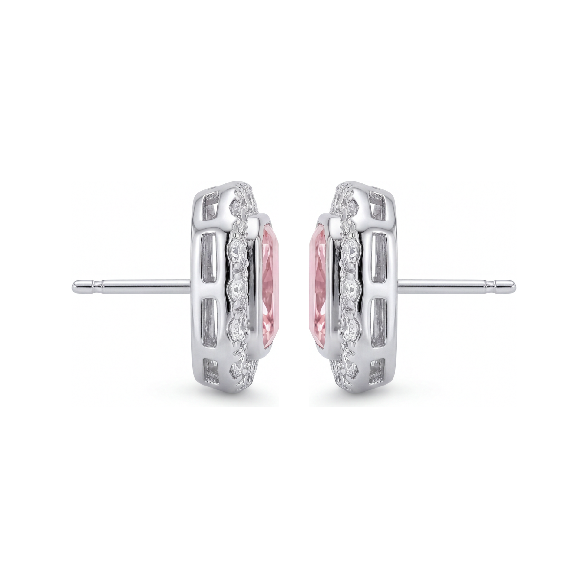2 Carat Radiant Pink Lab Grown Diamond and White Diamond Halo Earrings 14K White Gold