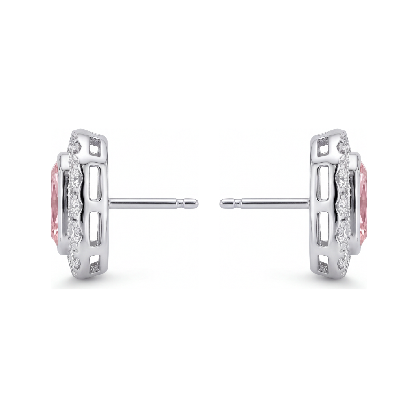 2 Carat Radiant Pink Lab Grown Diamond and White Diamond Halo Earrings 14K White Gold