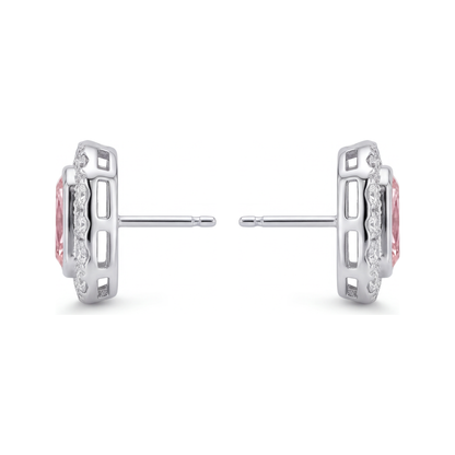2 Carat Radiant Pink Lab Grown Diamond and White Diamond Halo Earrings 14K White Gold