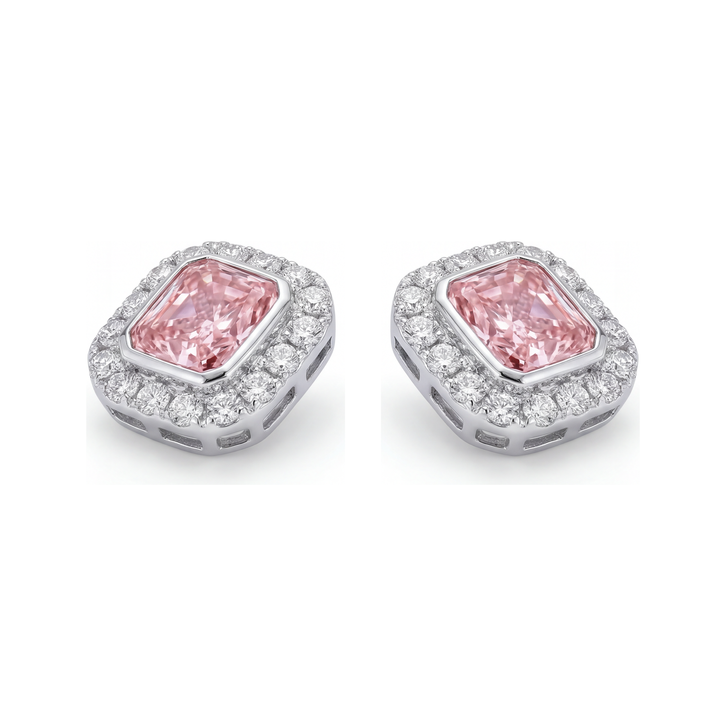 2 Carat Radiant Pink Lab Grown Diamond and White Diamond Halo Earrings 14K White Gold