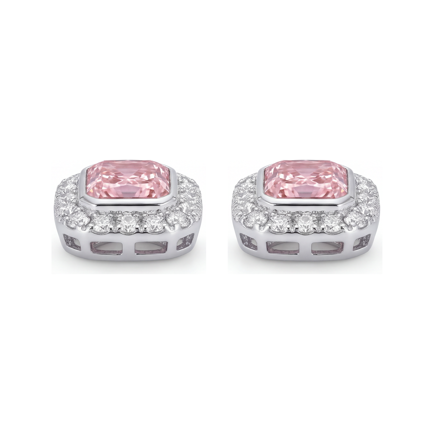 2 Carat Radiant Pink Lab Grown Diamond and White Diamond Halo Earrings 14K White Gold