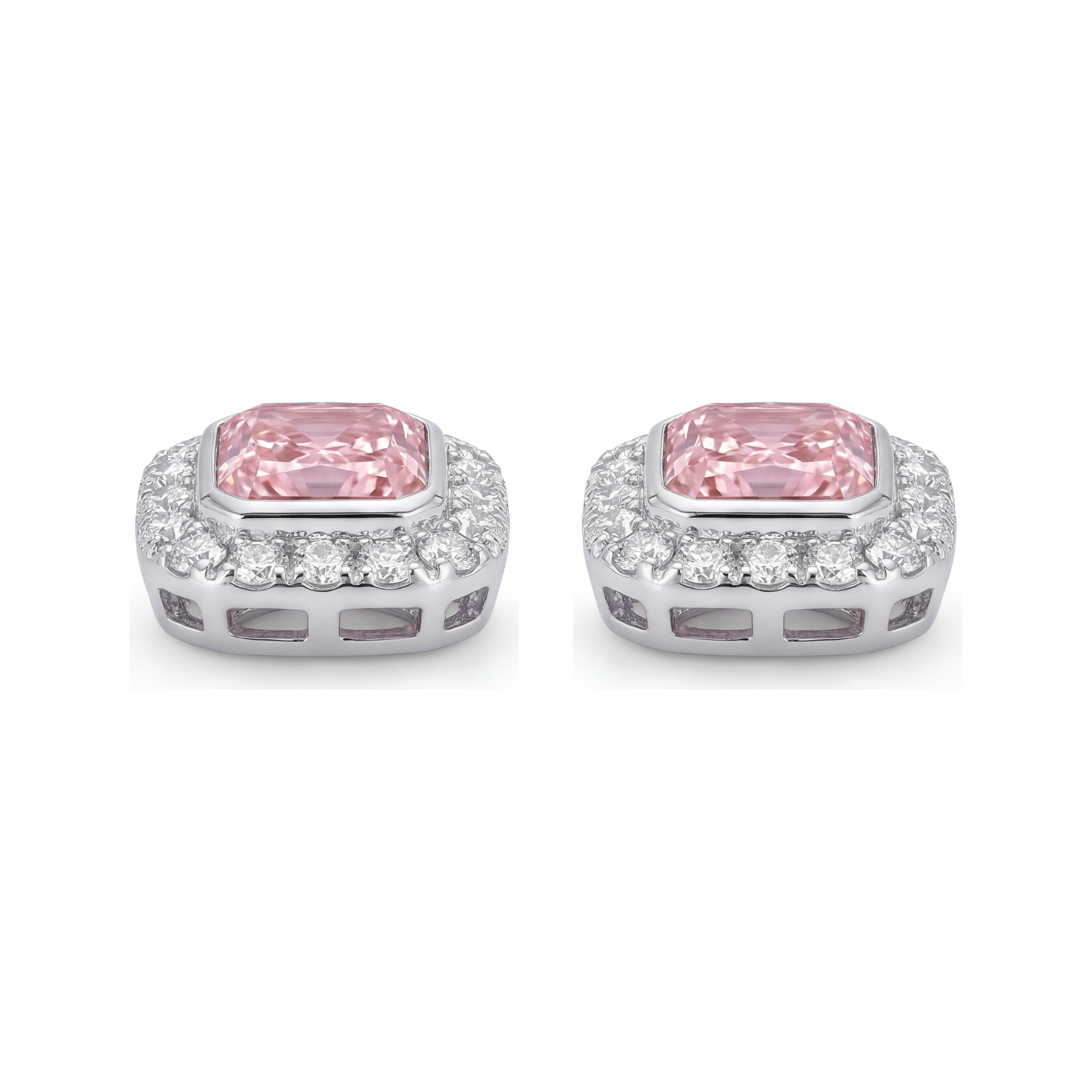 2 Carat Radiant Pink Lab Grown Diamond and White Diamond Halo Earrings 14K White Gold