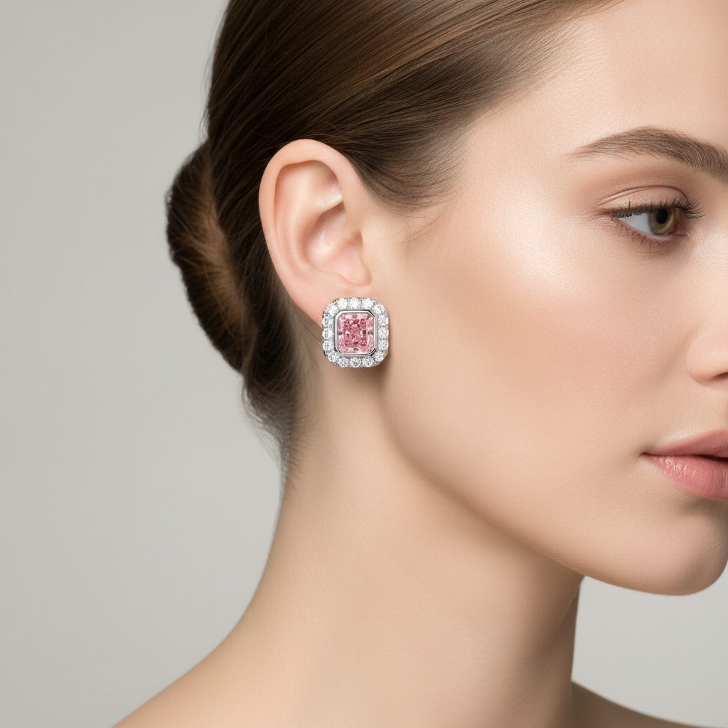 2 Carat Radiant Pink Lab Grown Diamond and White Diamond Halo Earrings 14K White Gold worn on ear