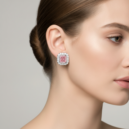 2 Carat Radiant Pink Lab Grown Diamond and White Diamond Halo Earrings 14K White Gold worn on ear