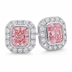 2 Carat Radiant Pink Lab Grown Diamond and White Diamond Halo Earrings 14K White Gold