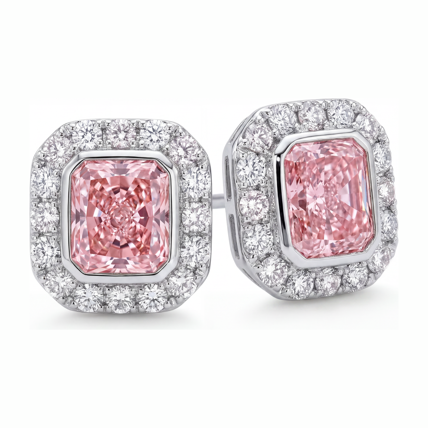 2 Carat Radiant Pink Lab Grown Diamond and White Diamond Halo Earrings 14K White Gold