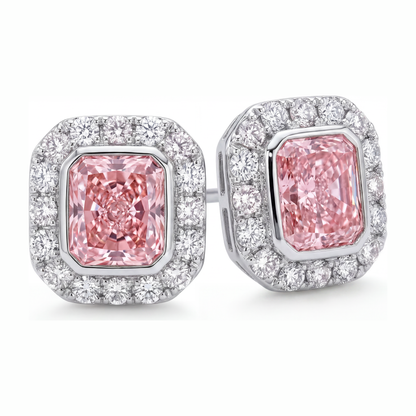 2 Carat Radiant Pink Lab Grown Diamond and White Diamond Halo Earrings 14K White Gold