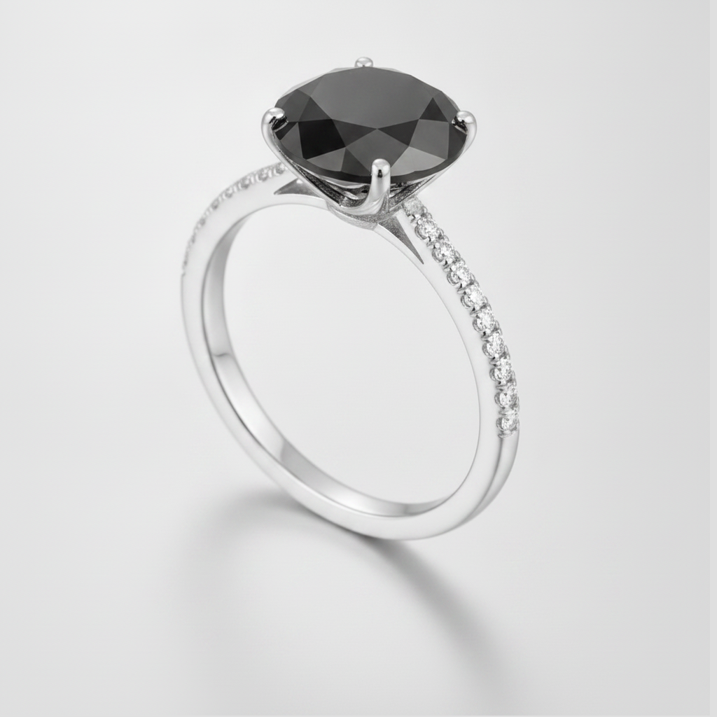 2 Carat Round Black Diamond Solitaire Ring Natural 14K White Gold