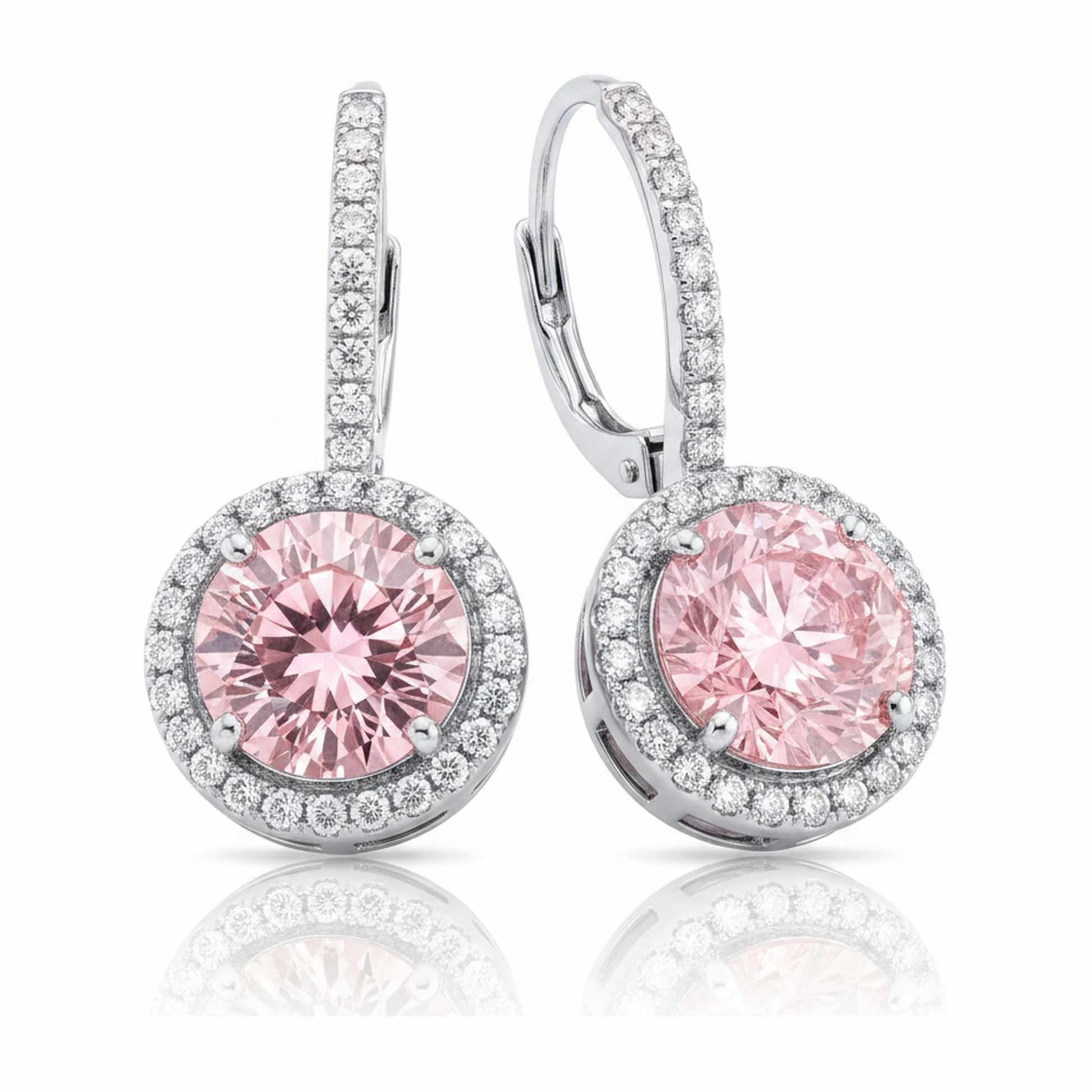 2 Carat Round Pink Lab Grown Diamond and White Diamond Halo Earrings 14K White Gold