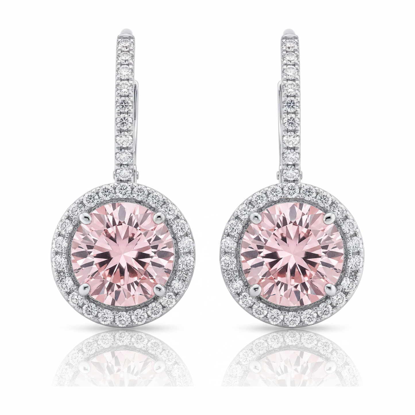 2 Carat Round Pink Lab Grown Diamond and White Diamond Halo Earrings 14K White Gold