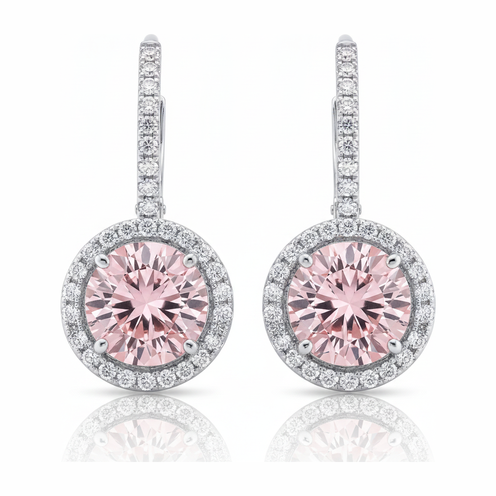 2 Carat Round Pink Lab Grown Diamond and White Diamond Halo Earrings 14K White Gold