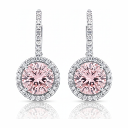 2 Carat Round Pink Lab Grown Diamond and White Diamond Halo Earrings 14K White Gold