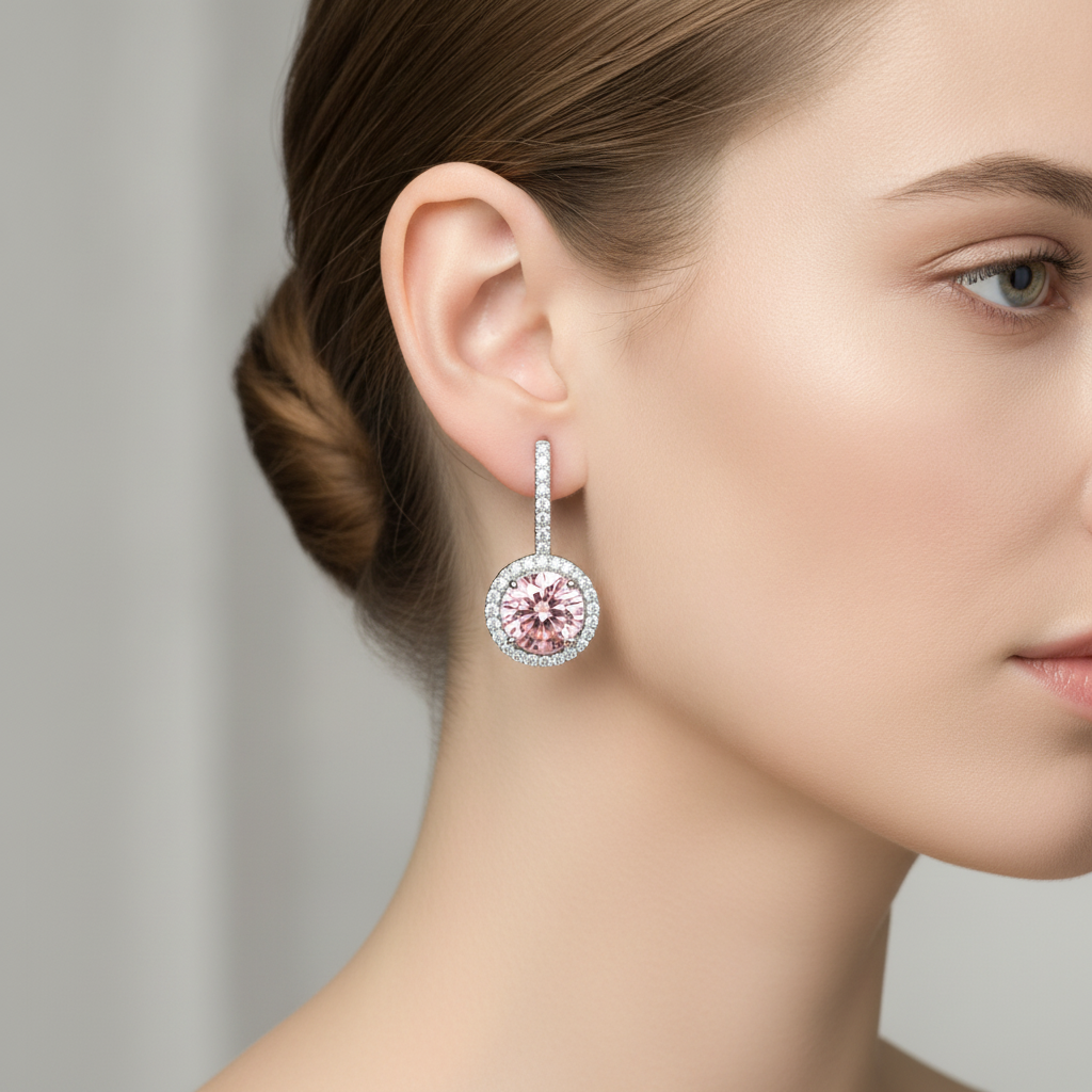 2 Carat Round Pink Lab Grown Diamond and White Diamond Halo Earrings 14K White Gold worn on ear