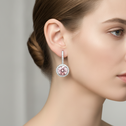 2 Carat Round Pink Lab Grown Diamond and White Diamond Halo Earrings 14K White Gold worn on ear