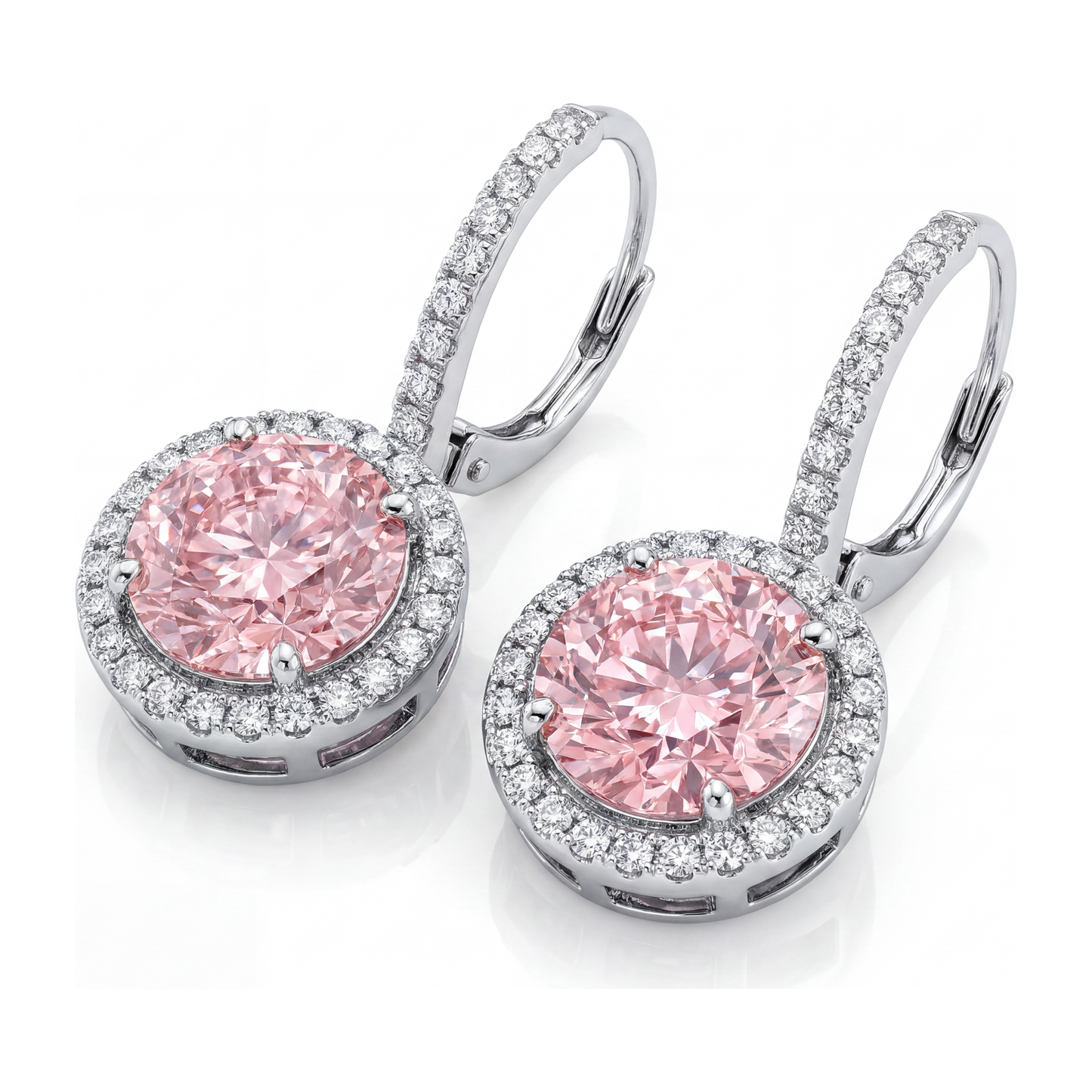 2 Carat Round Pink Lab Grown Diamond and White Diamond Halo Earrings 14K White Gold