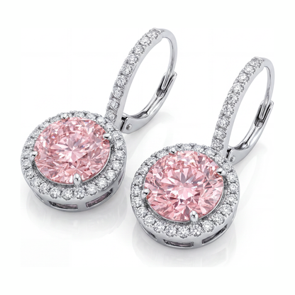 2 Carat Round Pink Lab Grown Diamond and White Diamond Halo Earrings 14K White Gold