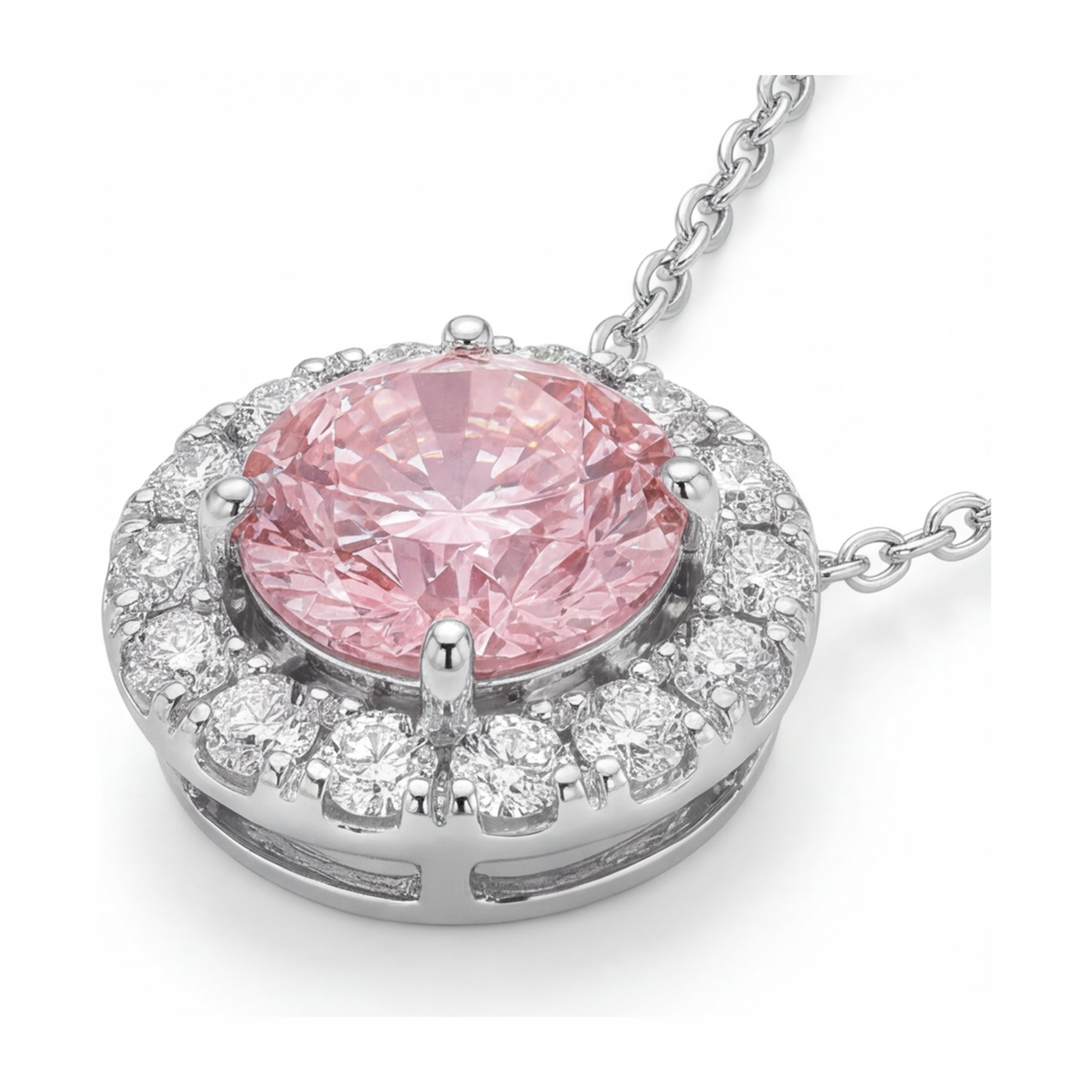 2 Carat Round Pink Lab Grown Diamond and White Diamond Halo Pendant 14K White Gold
