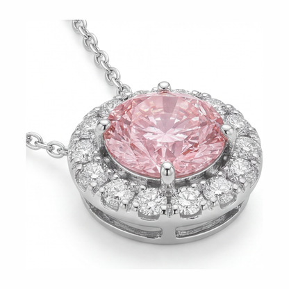 2 Carat Round Pink Lab Grown Diamond and White Diamond Halo Pendant 14K White Gold