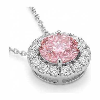2 Carat Round Pink Lab Grown Diamond and White Diamond Halo Pendant 14K White Gold
