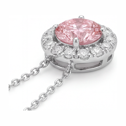 2 Carat Round Pink Lab Grown Diamond and White Diamond Halo Pendant 14K White Gold