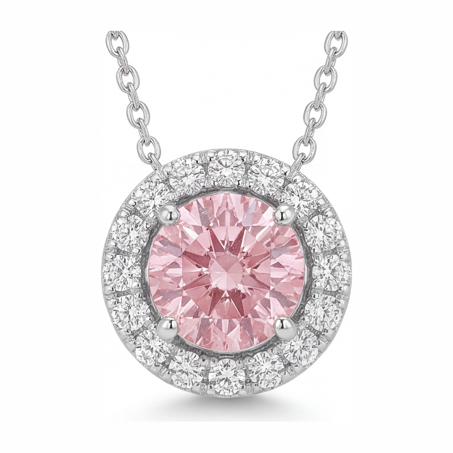 2 Carat Round Pink Lab Grown Diamond and White Diamond Halo Pendant 14K White Gold