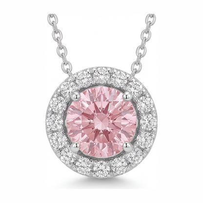 2 Carat Round Pink Lab Grown Diamond and White Diamond Halo Pendant 14K White Gold