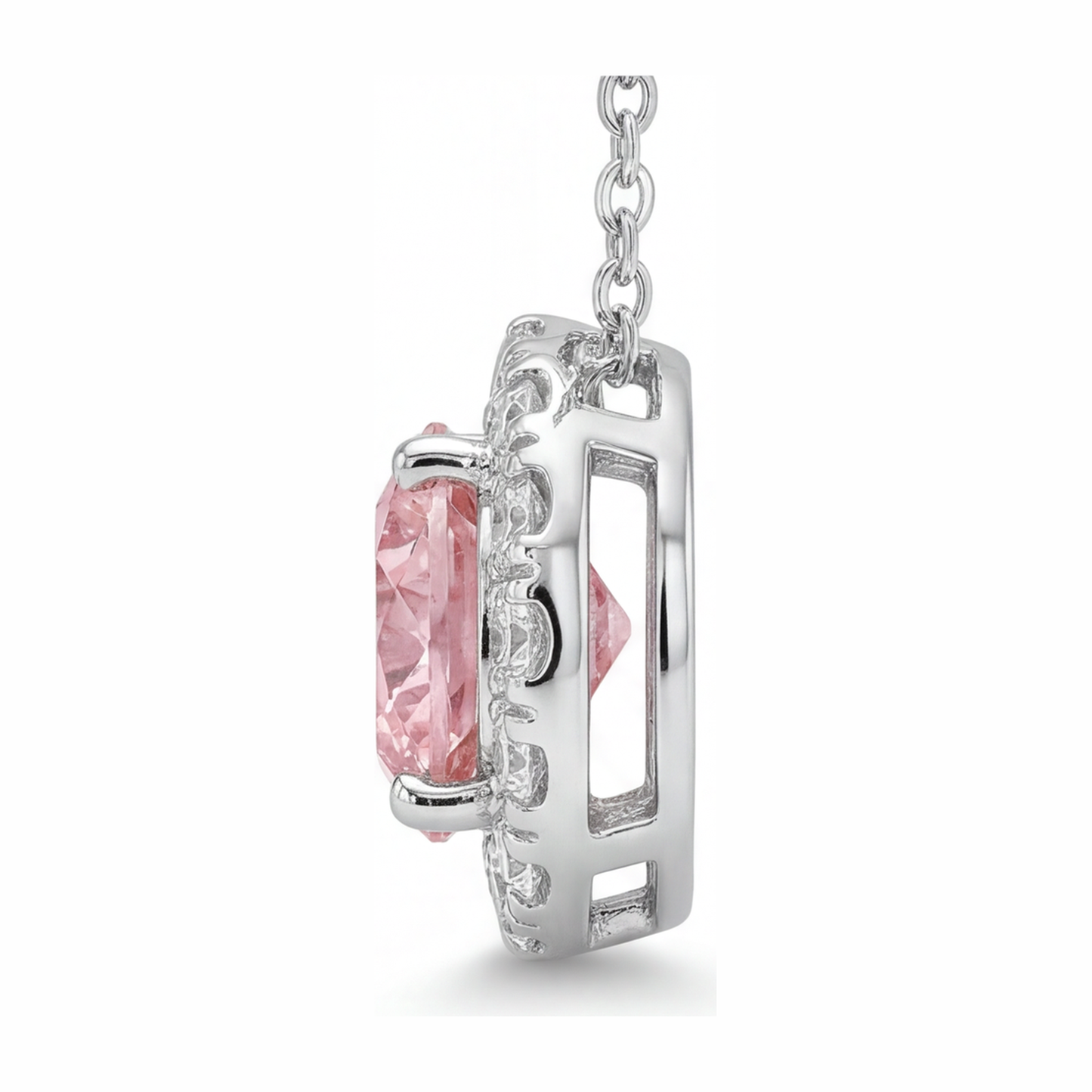 2 Carat Round Pink Lab Grown Diamond and White Diamond Halo Pendant 14K White Gold