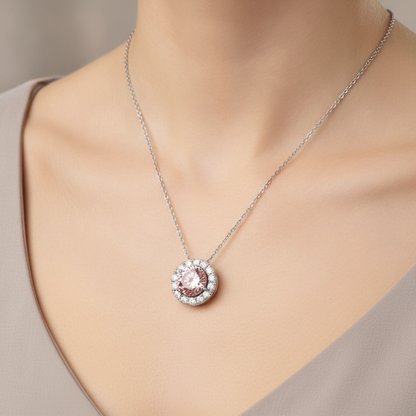 2 Carat Round Pink Lab Grown Diamond and White Diamond Halo Pendant 14K White Gold worn