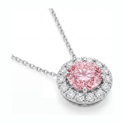 2 Carat Round Pink Lab Grown Diamond and White Diamond Halo Pendant 14K White Gold