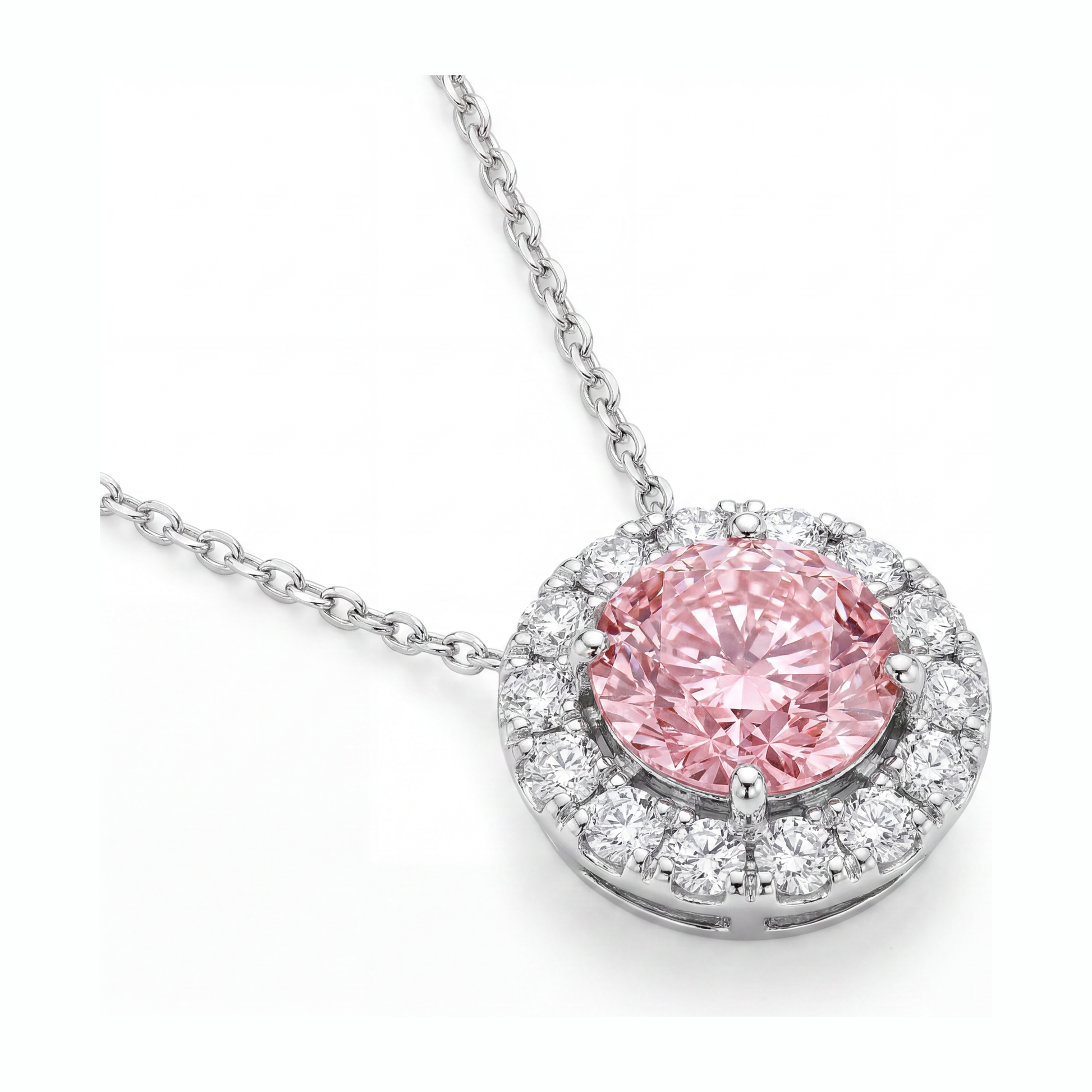 2 Carat Round Pink Lab Grown Diamond and White Diamond Halo Pendant 14K White Gold