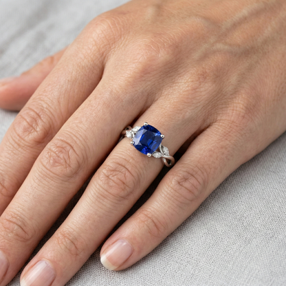 2.10 Carats Kashmir Sapphire And Natural Earth Mined Diamonds Ring 14K White Gold