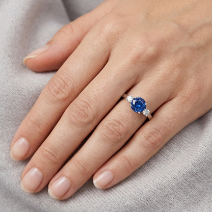 2.70 Ct Blue Sapphire And Natural Earth Mined Diamonds Three Stone Ring Gold 14K