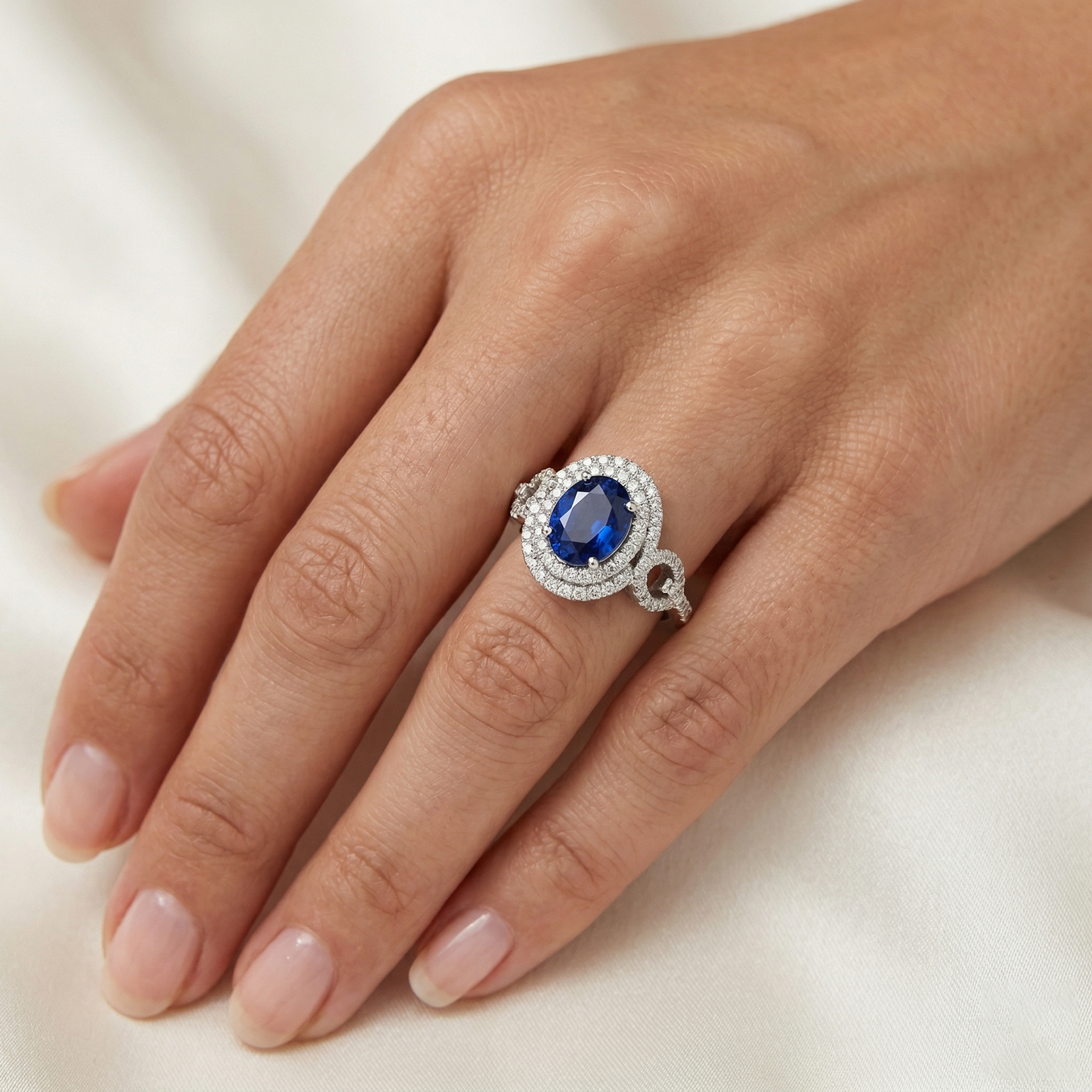 2.75 Carats White Gold Oval Ceylon Sapphire With Round Natural Earth Mined Diamond Ring