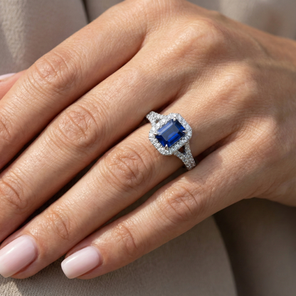 2.85 Carats Blue Sapphire And Natural Earth Mined Diamonds Ring Prong Set 14K White Gold