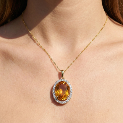 20.50 Ct Prong Set Madeira Citrine And Natural Earth Mined Diamond Pendant Yellow Gold 14K