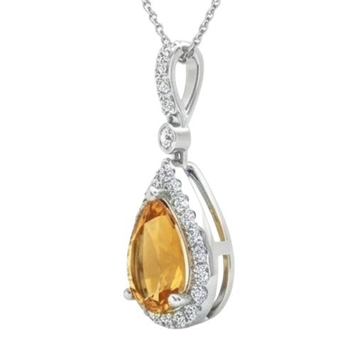 20 Ct Pear Madeira Citrine With Natural Earth Mined Diamonds Pendant & Chain White Gold