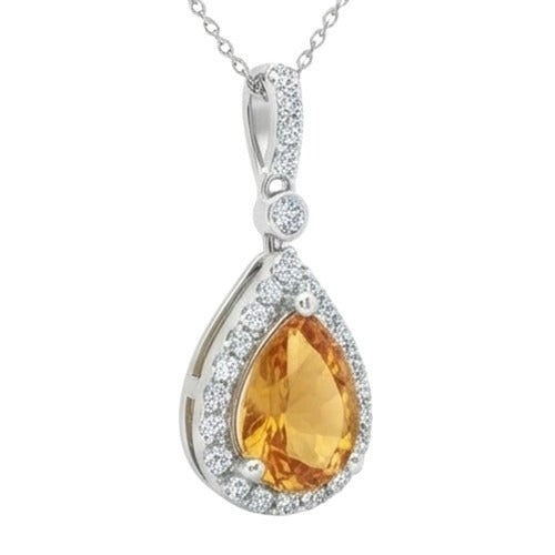 20 Ct Pear Madeira Citrine With Natural Earth Mined Diamonds Pendant & Chain White Gold