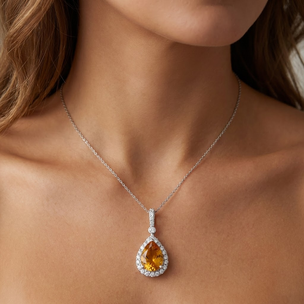 20 Ct Pear Madeira Citrine With Natural Earth Mined Diamonds Pendant & Chain White Gold