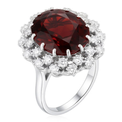 21.75 Ct Hessonite Garnet And Natural Earth Mined Diamonds Wedding Ring 14K White Gold