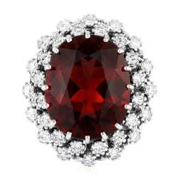 21.75 Ct Hessonite Garnet And Natural Earth Mined Diamonds Wedding Ring 14K White Gold