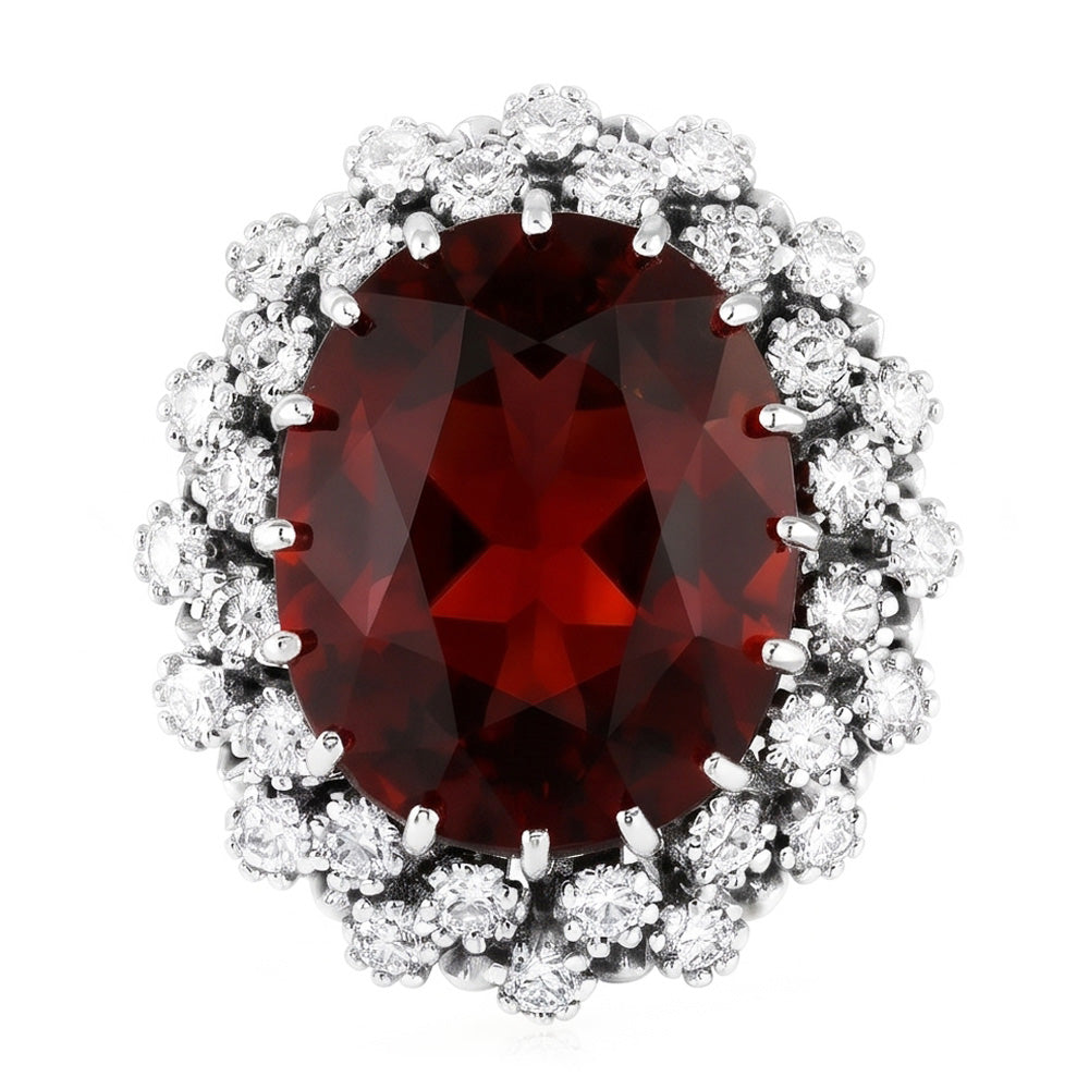 21.75 Ct Hessonite Garnet And Natural Earth Mined Diamonds Wedding Ring 14K White Gold