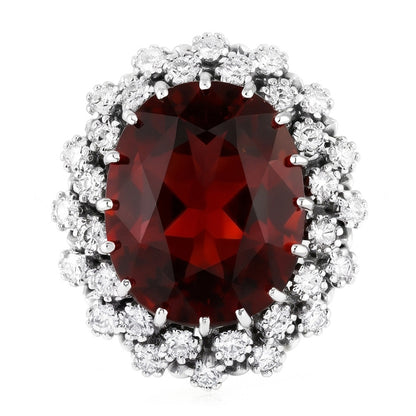 21.75 Ct Hessonite Garnet And Natural Earth Mined Diamonds Wedding Ring 14K White Gold